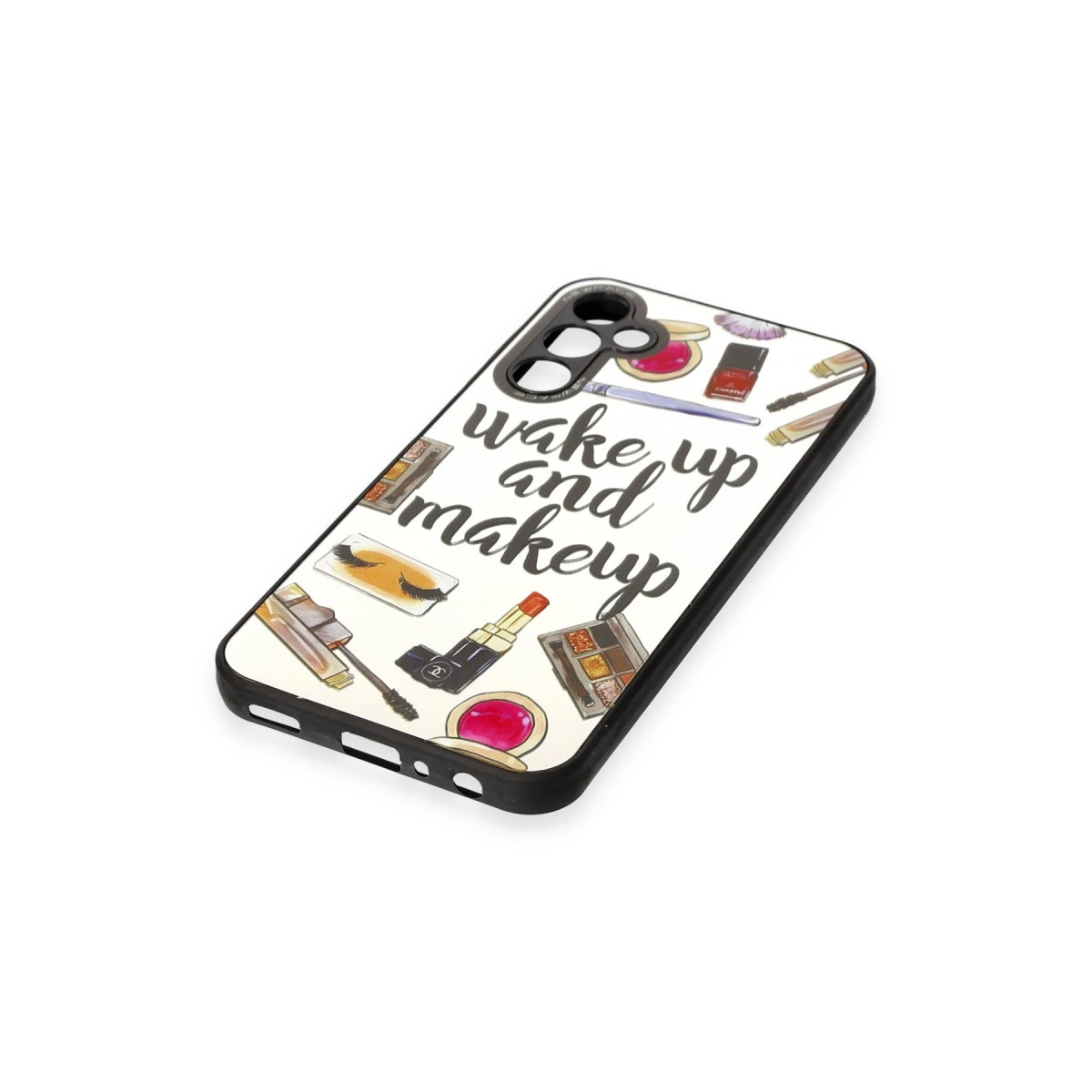 Telefon kılıfı 'wake up and makeup' yazısı ve makyaj çizimleriyle.