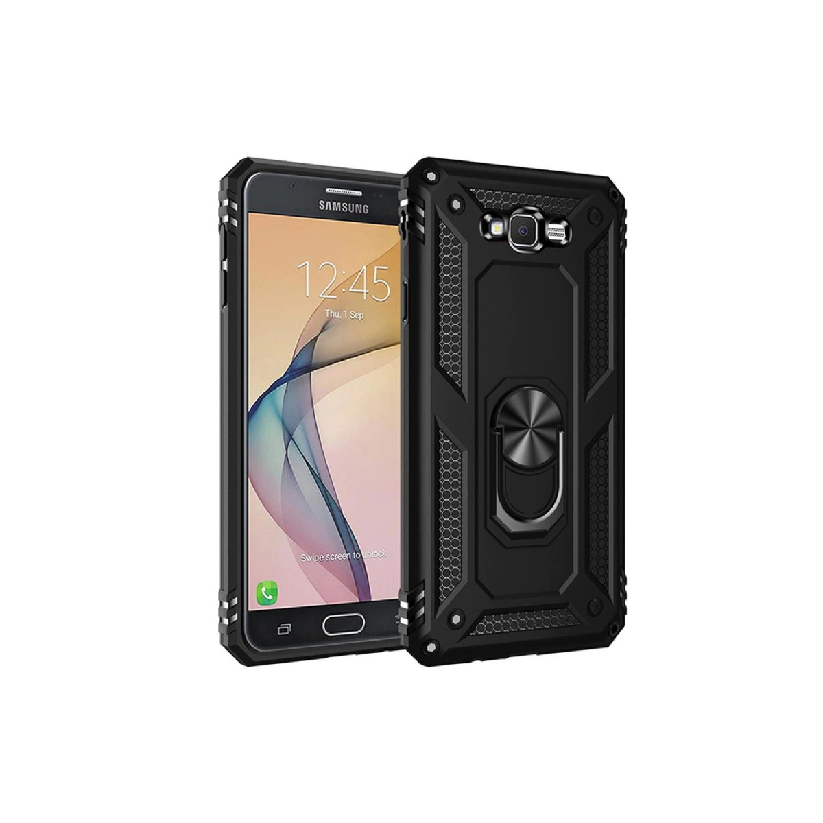 Halka tutuculu koruyucu kılıfı olan siyah Samsung akıllı telefon.