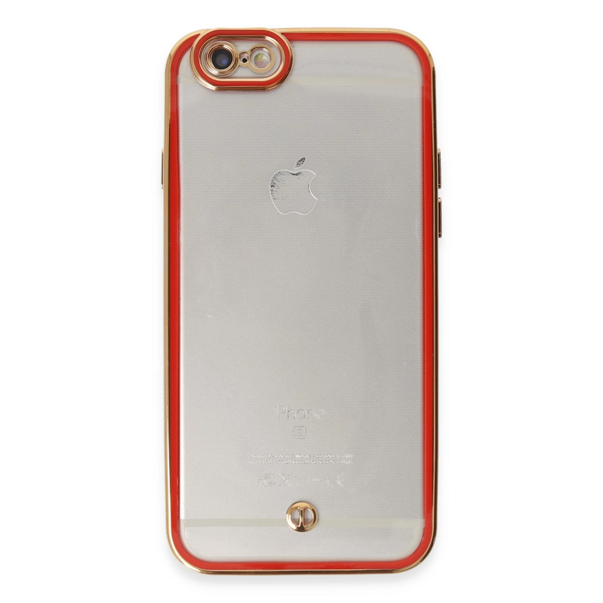 Kırmızı ve altın kenarlı şeffaf iPhone kılıfı.