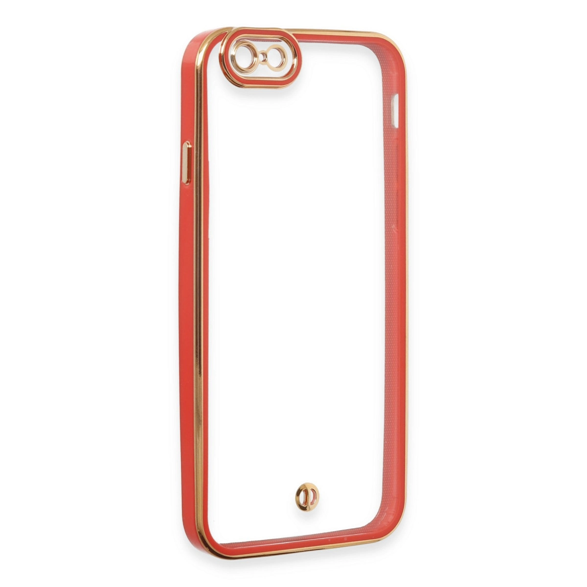 Altın kenarlı ve kamera kesimli kırmızı iPhone kılıfı.