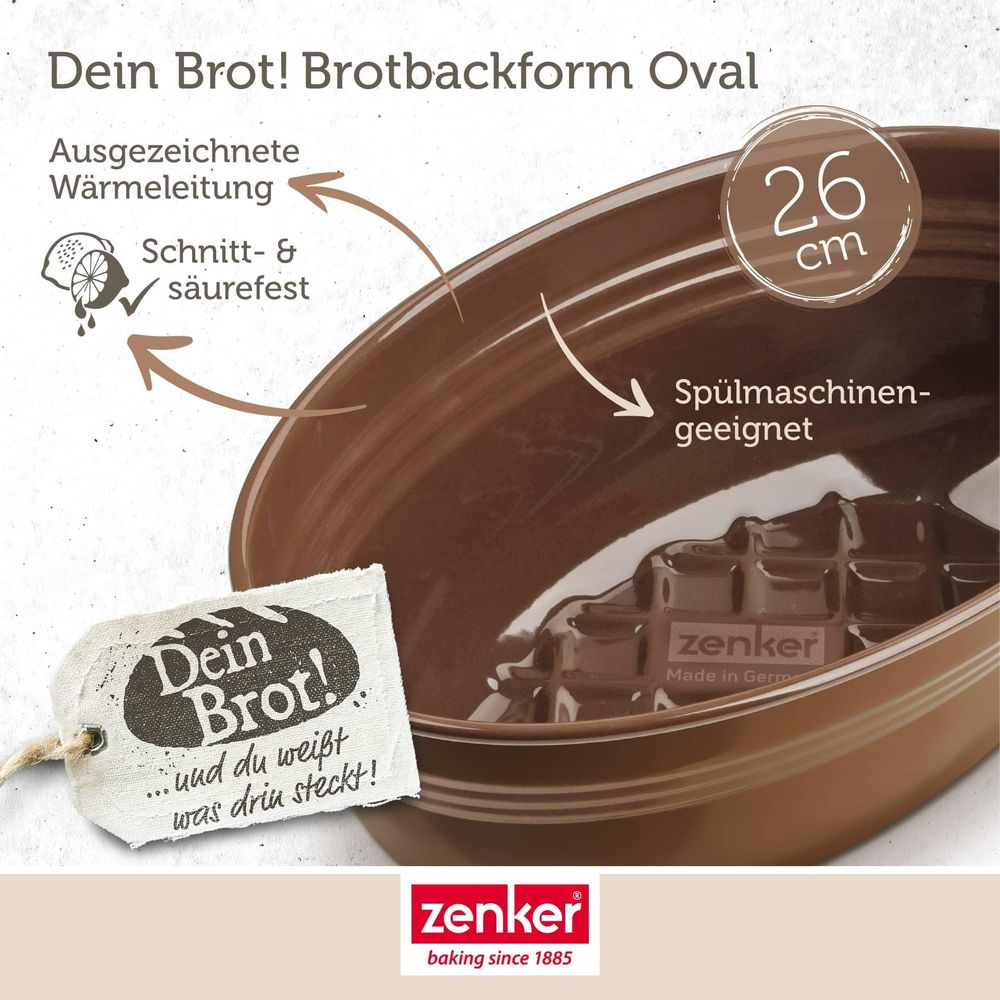 Braune ovale Brotbackform, 26 cm, mit Produktinformationen und Zenker-Logo.
