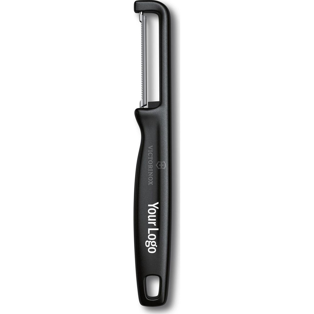 Gümüş bıçaklı ve üzerinde 'Your Logo' yazan siyah bir Victorinox soyucu.