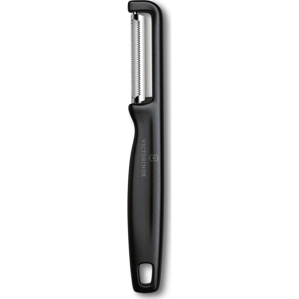 Siyah Victorinox soyucu, tırtıklı bıçaklı ve asma halkalı.