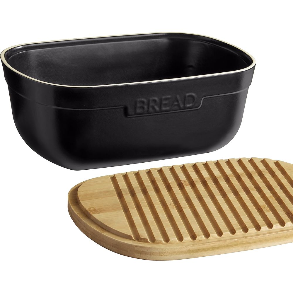 Schwarzer Brotkasten aus Keramik mit Holzdeckel und Rillen.