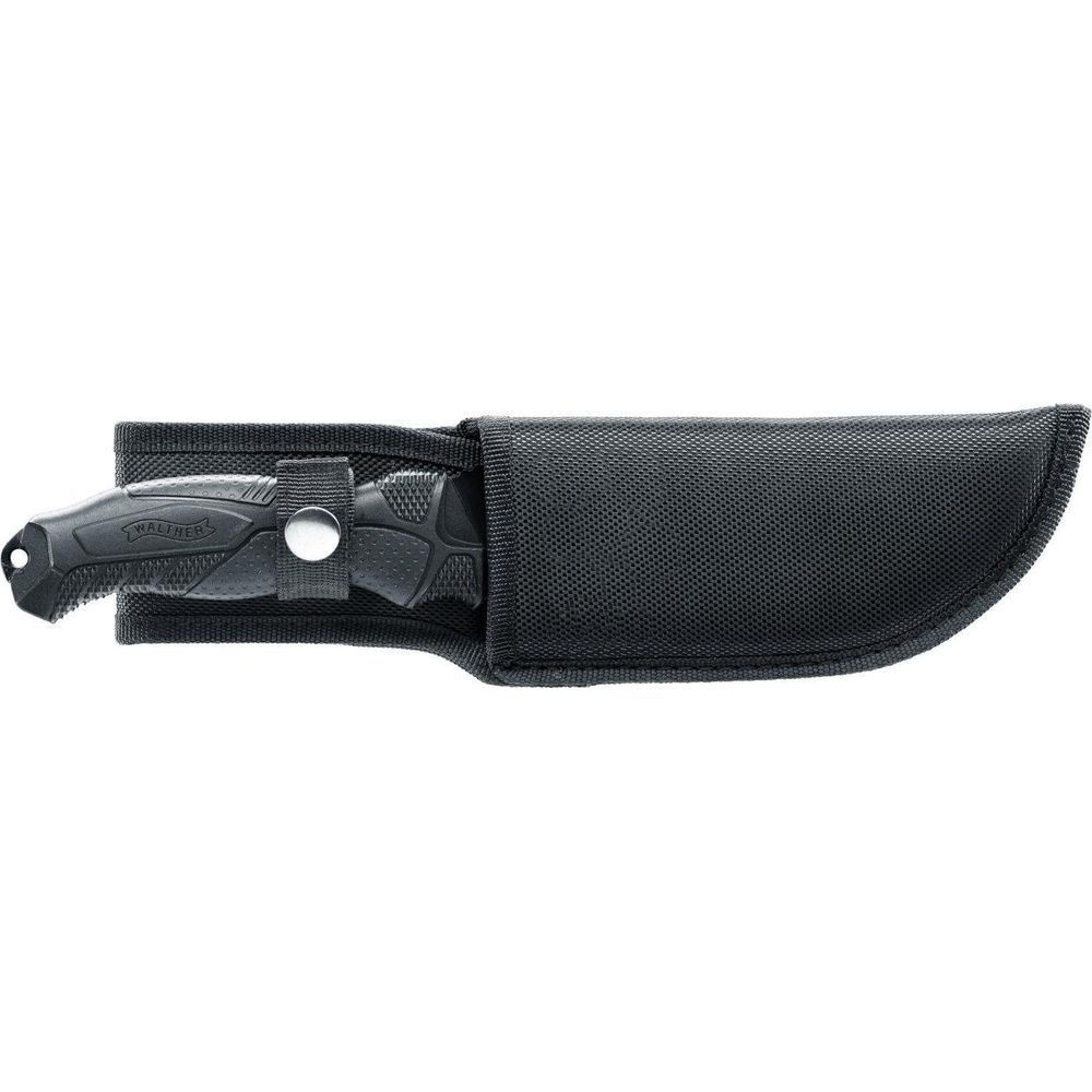 Schwarzes Messer mit Griff in schwarzer Scheide. Walther-Logo auf dem Griff.