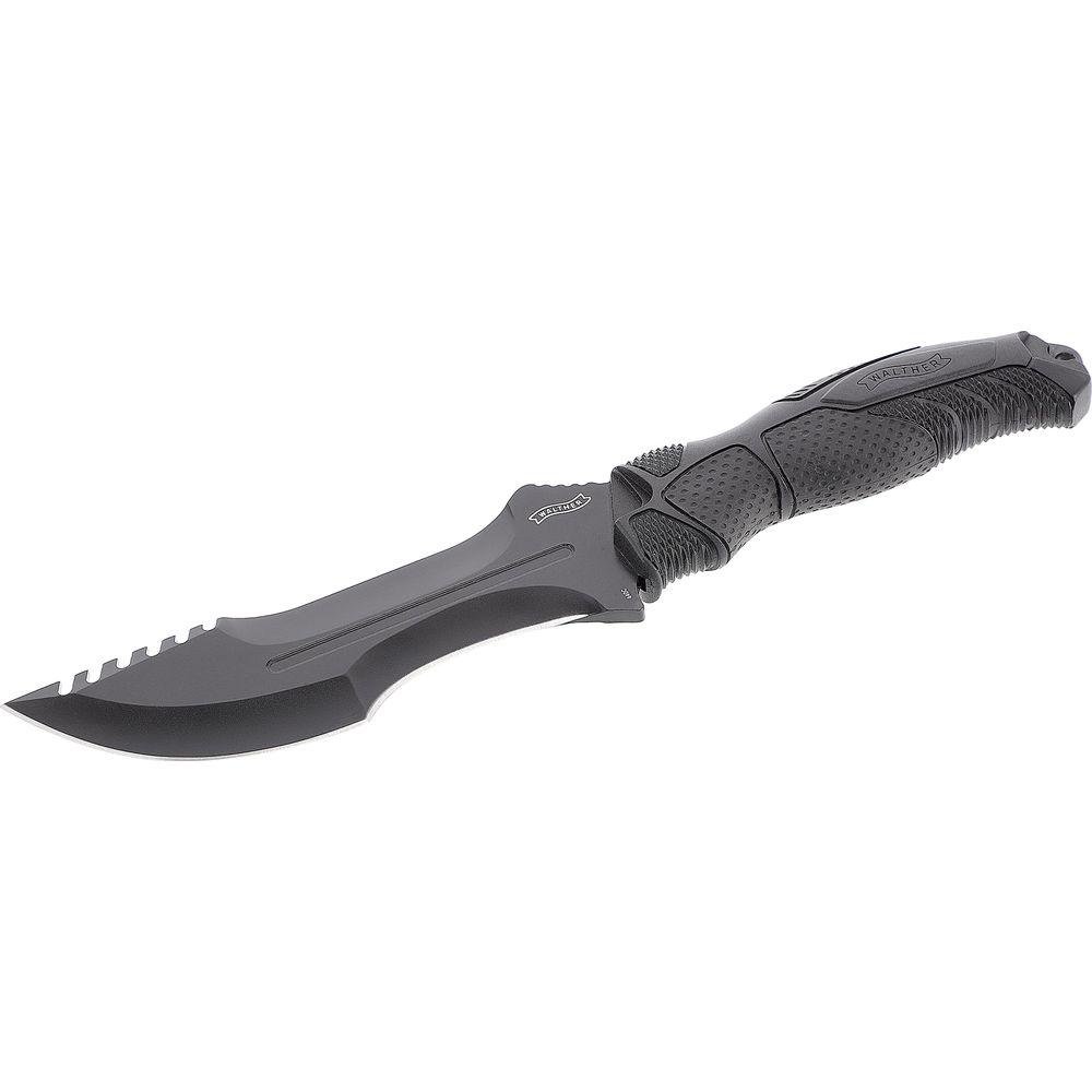 Schwarzes Messer mit gezackter Klinge und strukturiertem Griff.