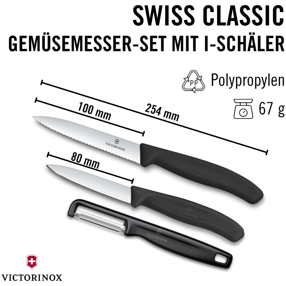 Gemüsemesser-Set mit Sparschäler, 100mm & 80mm Klingen, 254mm Gesamt. Aus Polypropylen, 67g.