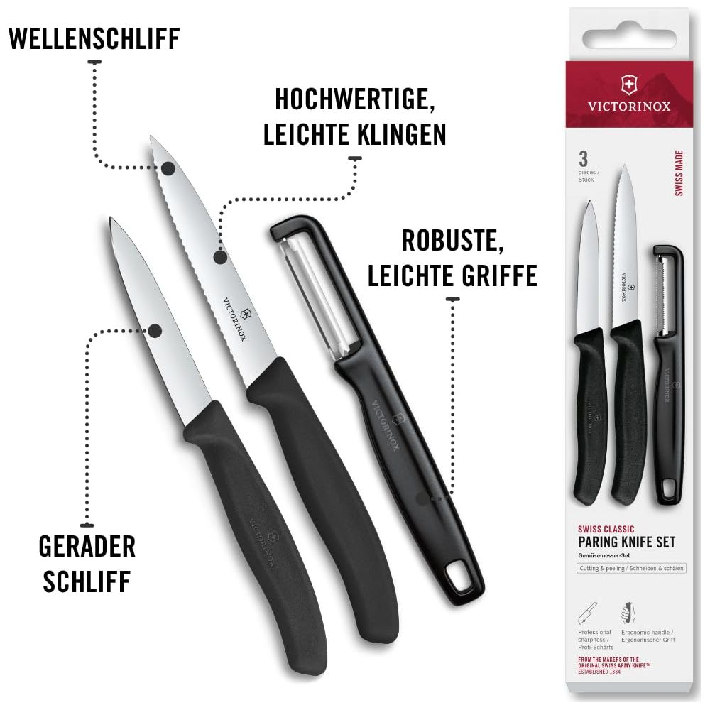 Drei Victorinox Messer und ein Sparschäler mit schwarzen Griffen.