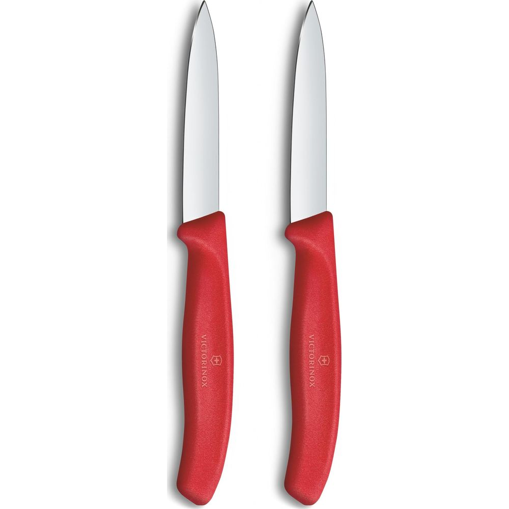 Zwei rote Victorinox-Messer mit polierten Klingen nebeneinander.