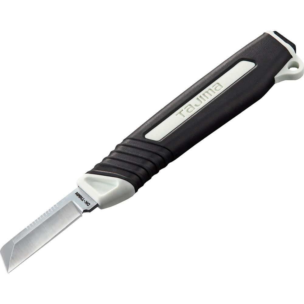 Un cutter noir avec un détail de poignée blanc et une lame argentée.