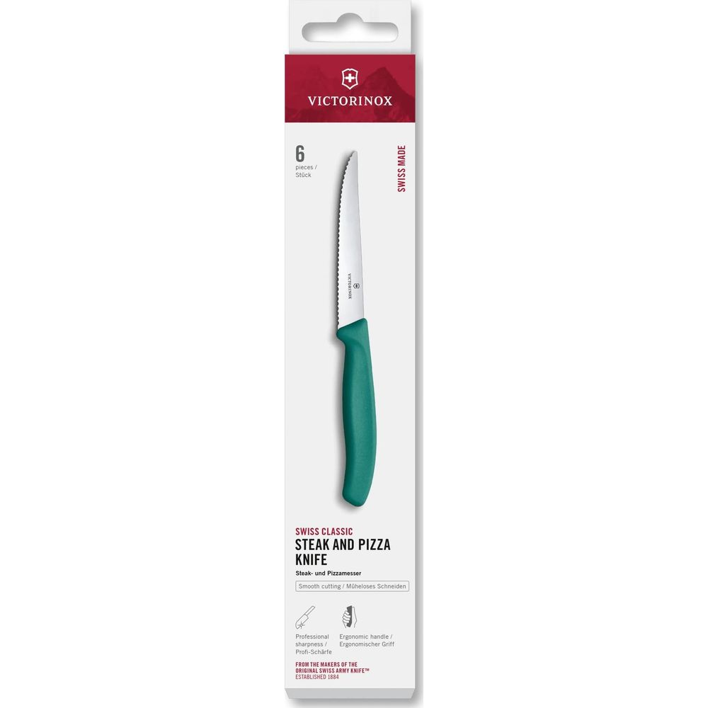 Verpackung eines Victorinox Steak- und Pizzamessers mit grünem Griff.