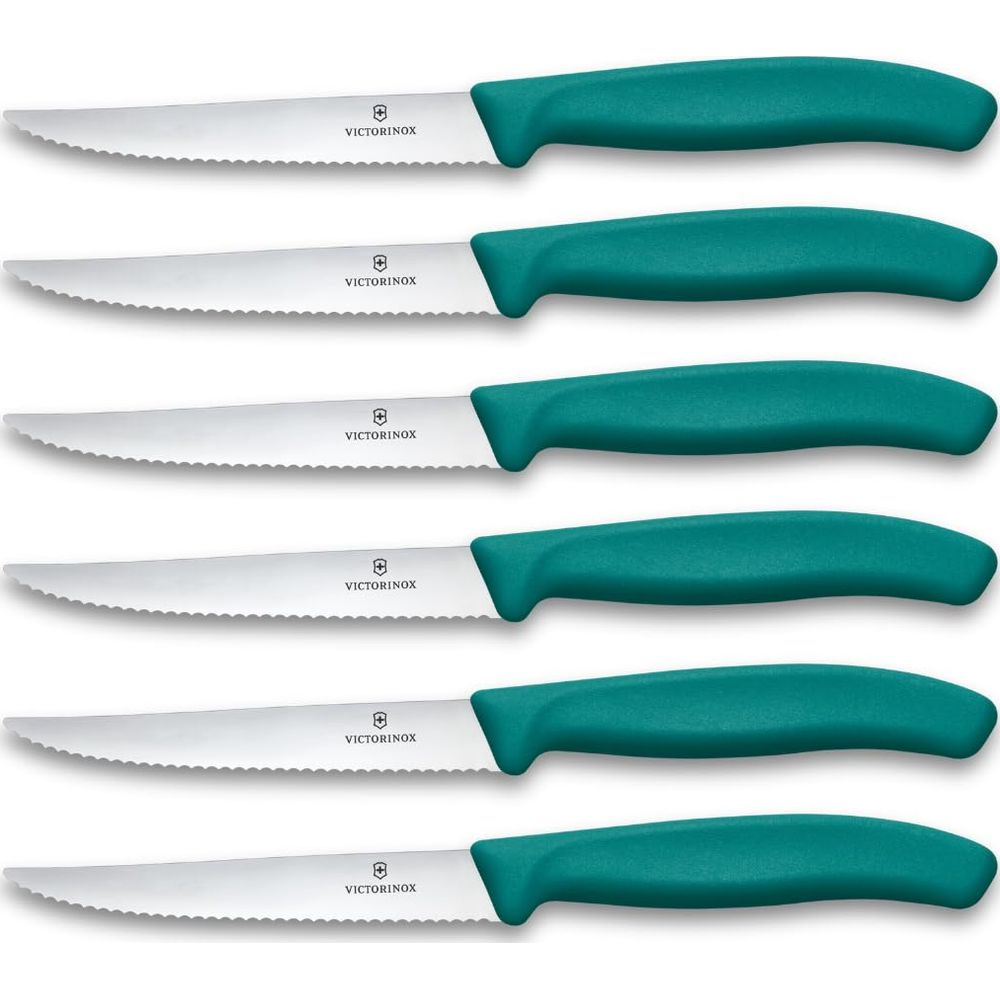 Sechs Victorinox-Messer mit gezackter Klinge und türkisfarbenem Griff.