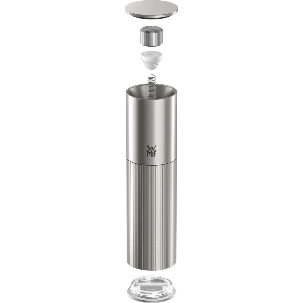 Vista esplosa di un meccanismo macinapepe in acciaio inox con molla.