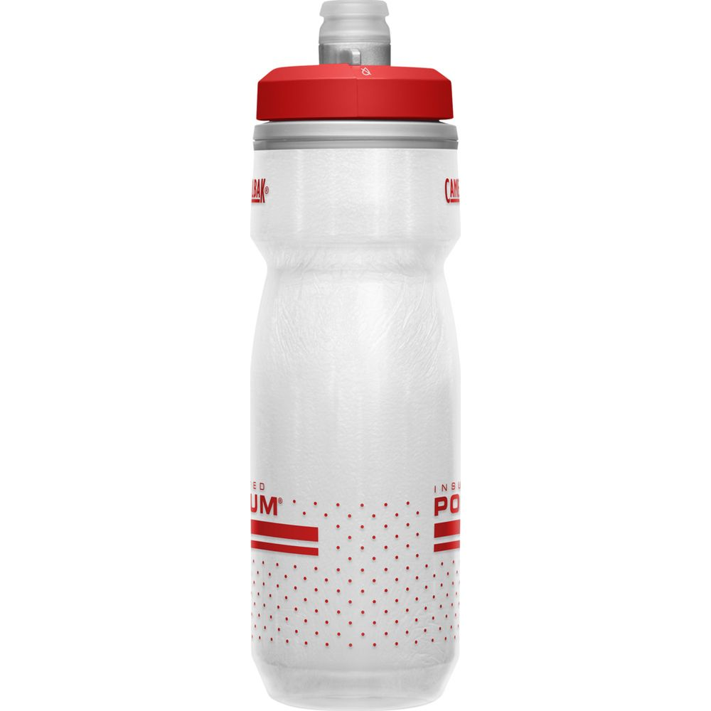 Eine weiße Trinkflasche mit rotem Deckel und rotem Punktmuster.