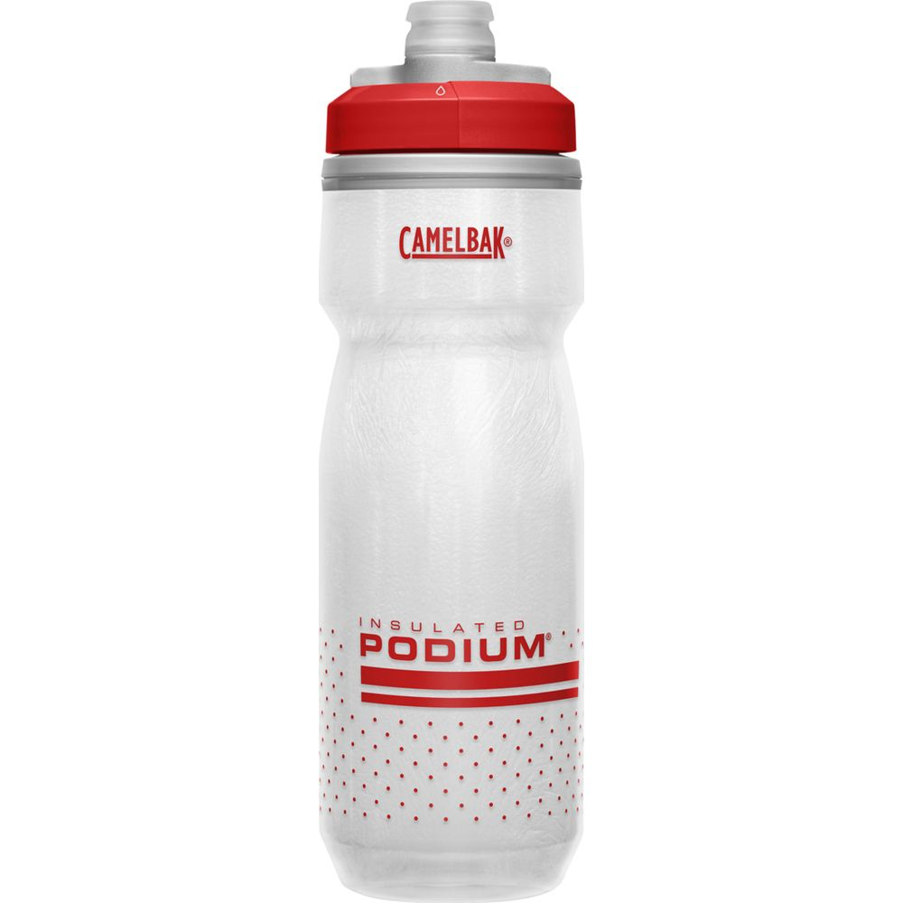 Weiße Trinkflasche mit rotem Deckel und Logo. Isoliert.
