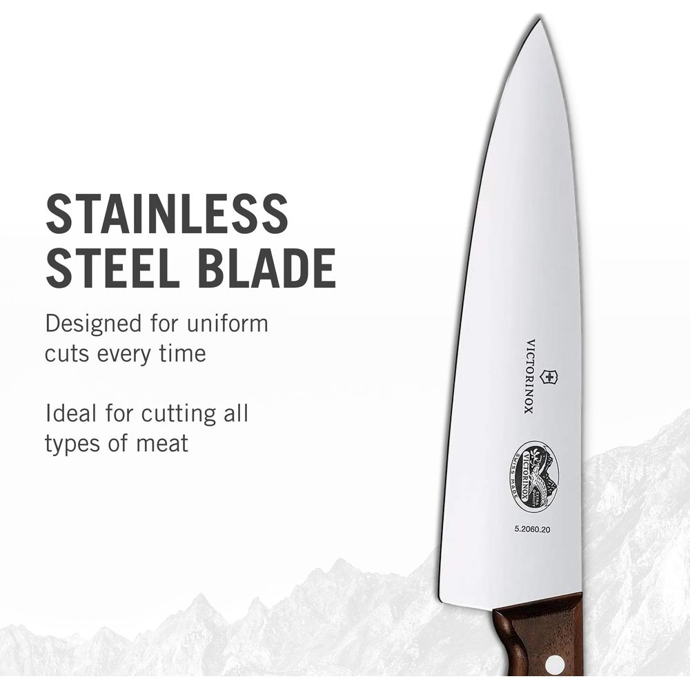 Un coltello Victorinox affilato con lama in acciaio inossidabile e manico in legno.