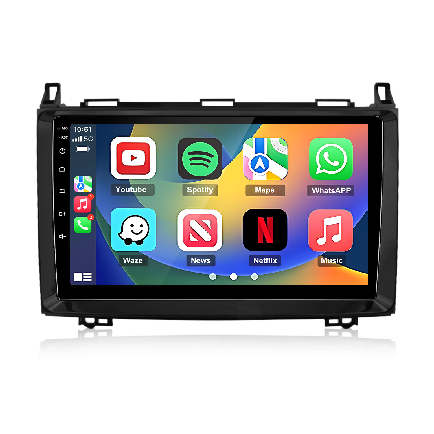 Ekran multimedialny samochodu wyświetla ikony aplikacji: Youtube, Spotify, Maps, WhatsApp, Waze, News, Netflix, Music.