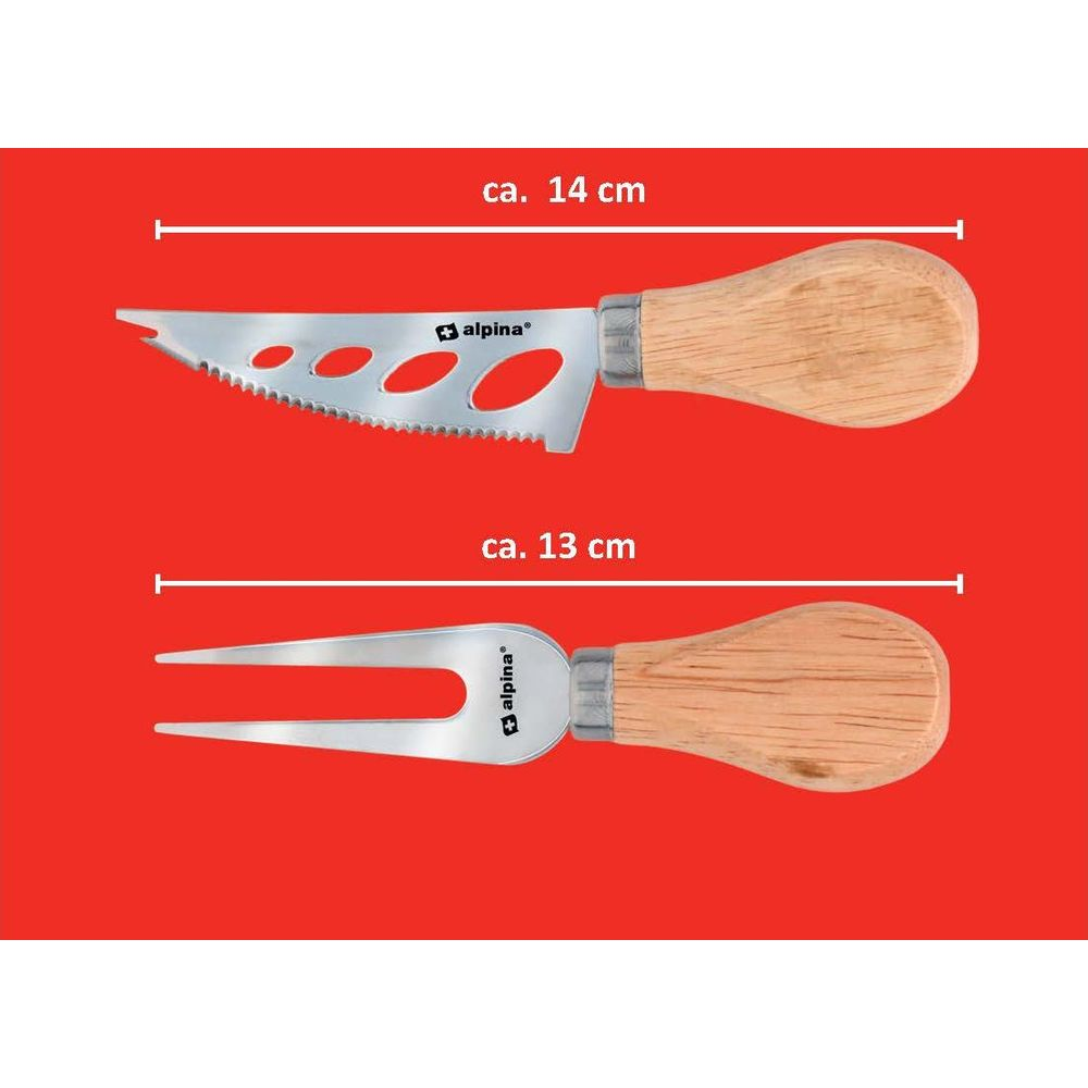 Ein Käsemesser (14 cm) und eine Käsegabel (13 cm) mit Holzgriffen.