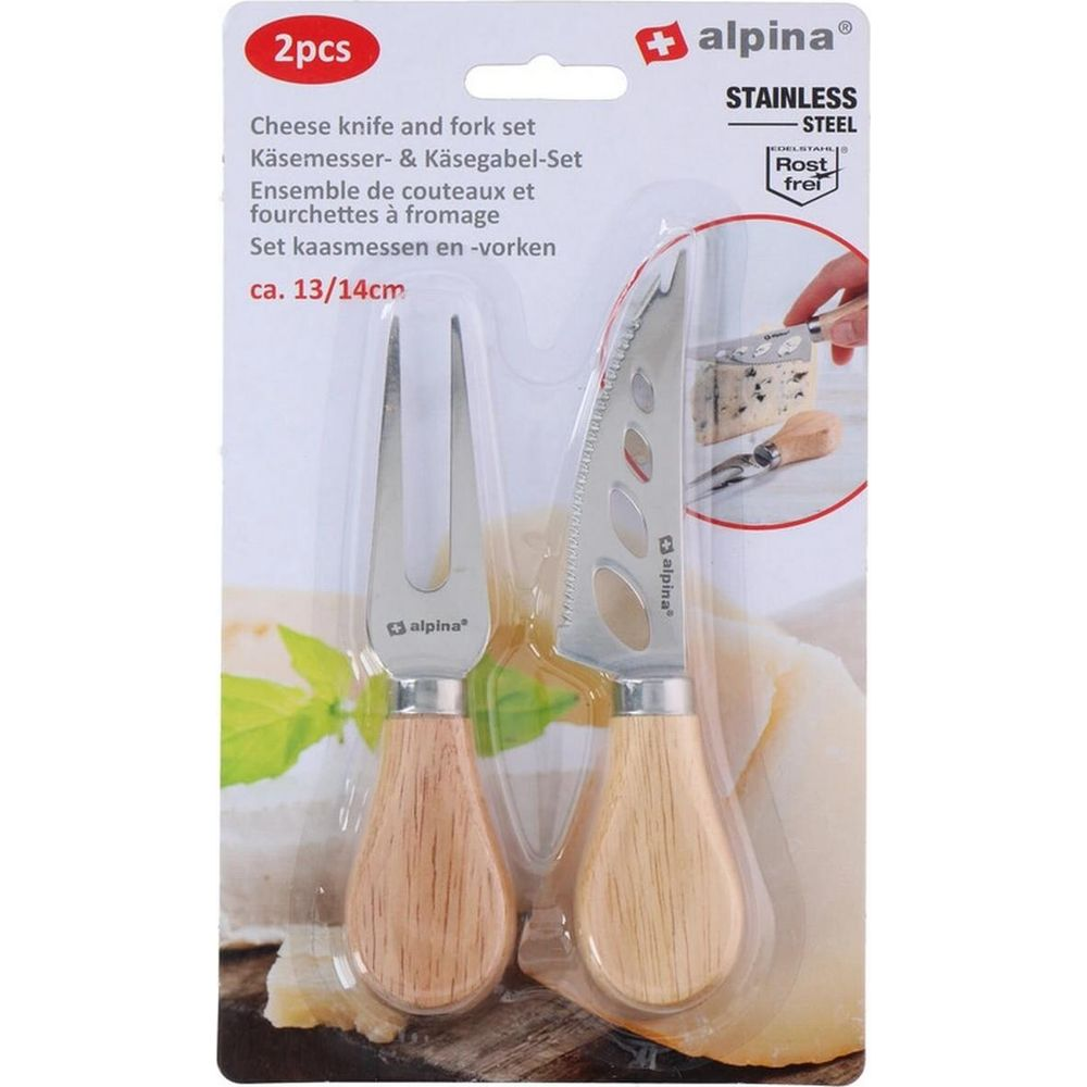 Käsemesser und Gabel-Set aus Edelstahl mit Holzgriffen, 2 Stück.