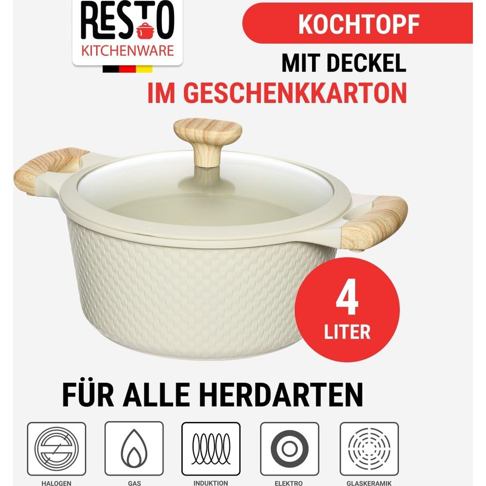 Une cocotte de couleur crème avec poignées en bois et couvercle en verre, 4 litres.