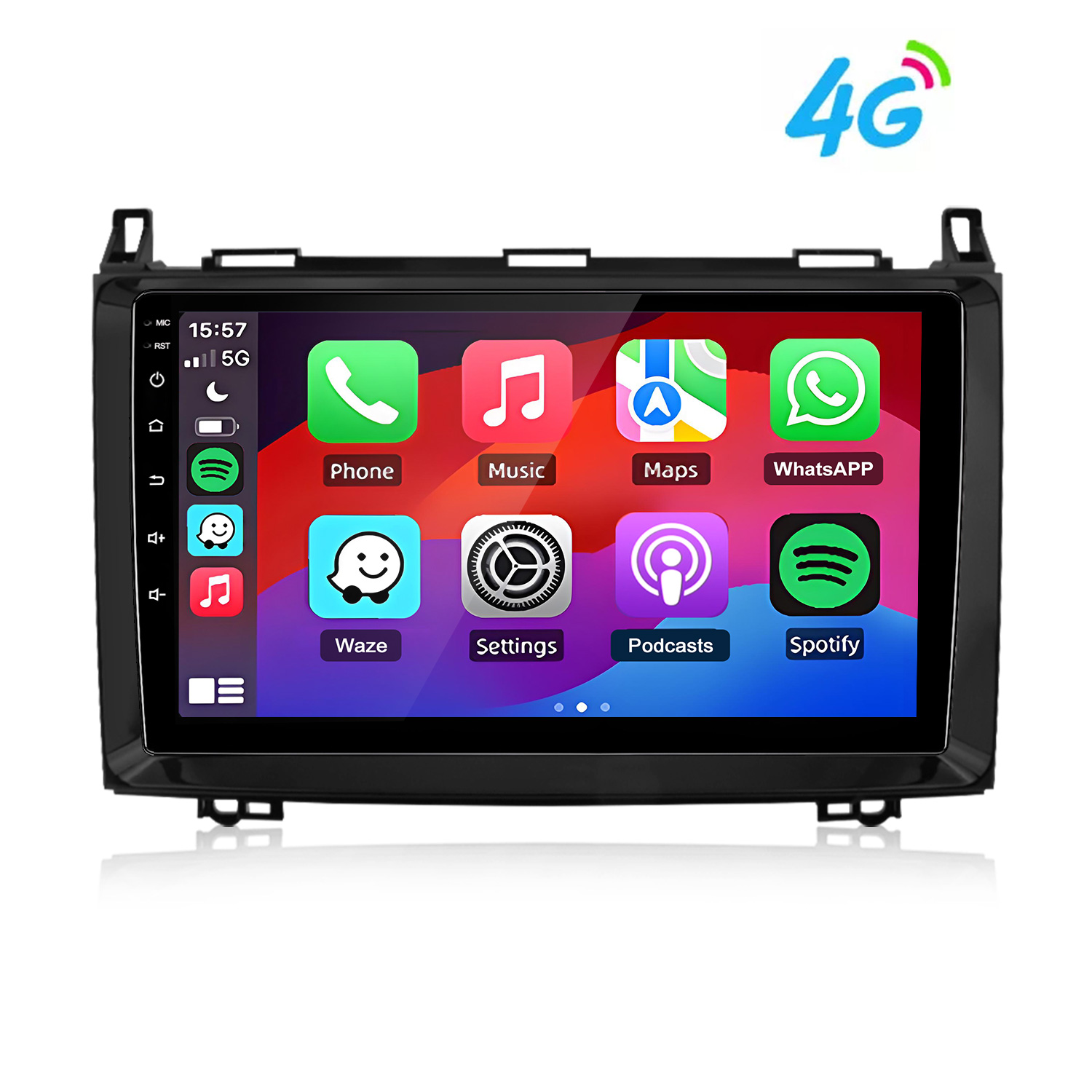 Un touchscreen per autoradio che mostra icone di app come Telefono, Musica e WhatsApp.