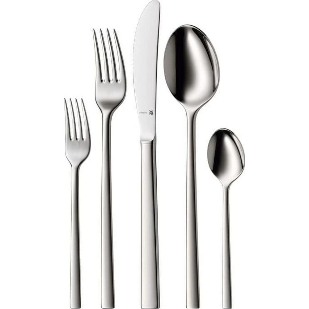 Ein Set aus fünf silbernen Besteckteilen auf weißem Hintergrund.