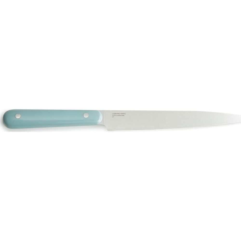 Ein hellblaues Messer mit silberner Klinge liegt auf weißem Grund.