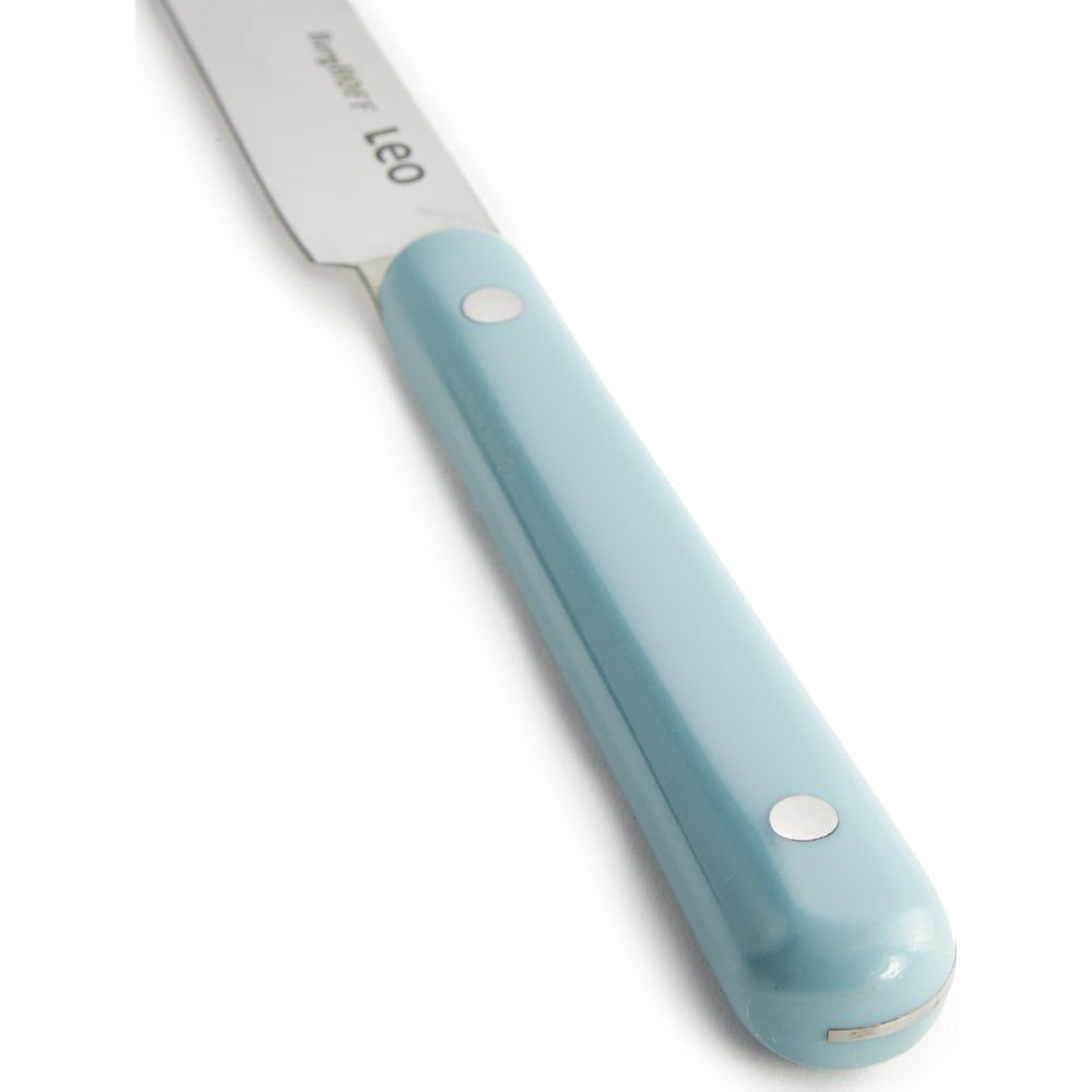 Ein Messer mit blauem Griff und einer silbernen Klinge. Es liegt auf weißem Hintergrund.