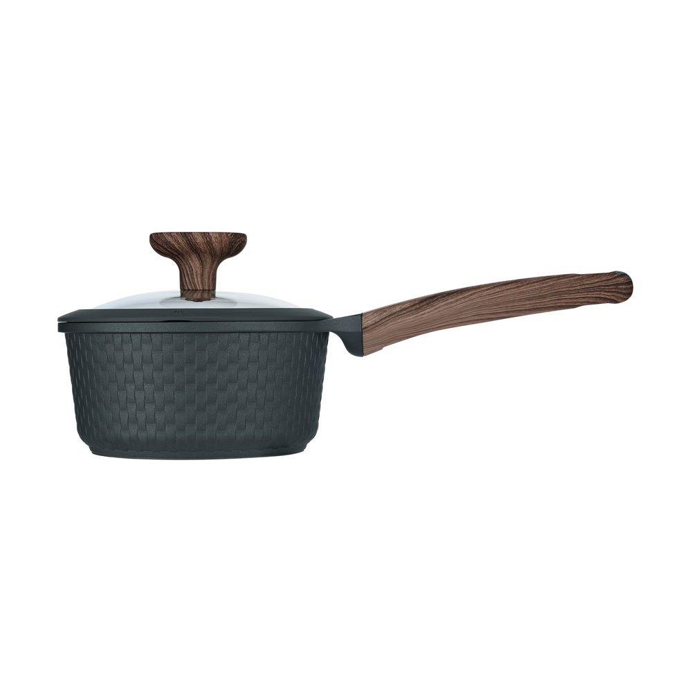 Casserole gris foncé avec manche et couvercle en bois, surface texturée.