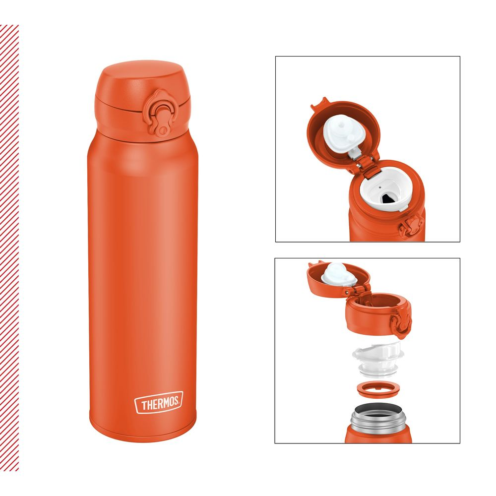 Orange Thermosflasche mit aufklappbarem Deckel, zeigt Innenleben und zerlegt.
