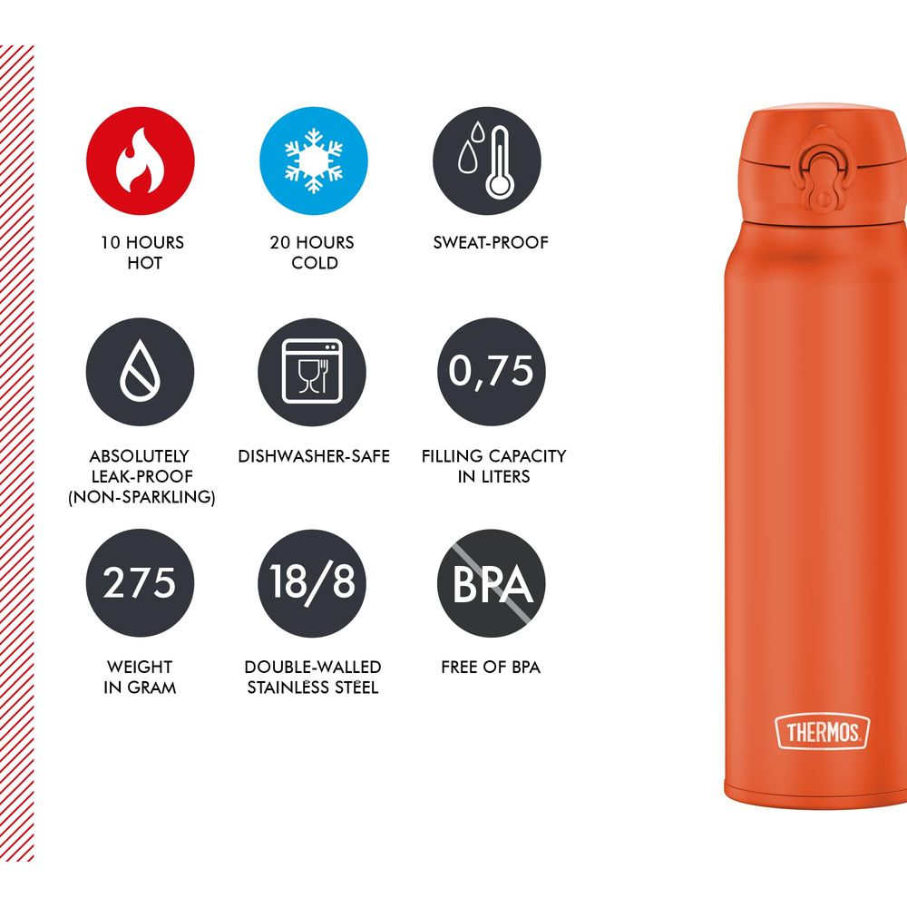 Orange Thermos bottle: 10h hot, 20h cold, leak-proof, dishwasher-safe.