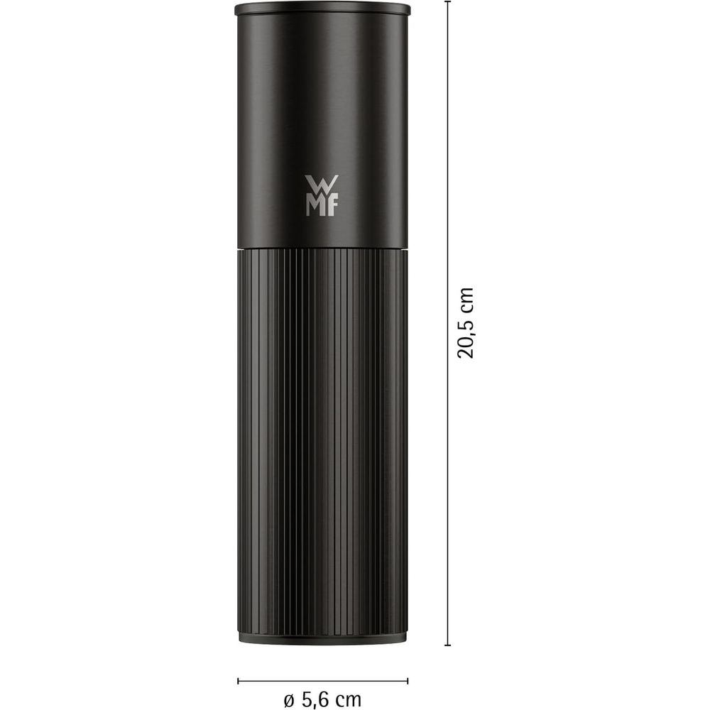 Schwarzer Mörser mit gerilltem Griff und silbernem Logo. Höhe 20,5 cm.