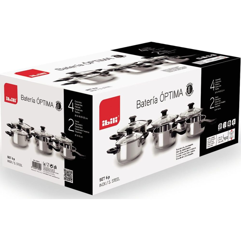 Verpackung für ein 6-teiliges Kochgeschirrset aus Edelstahl von IILI, Modell ÓPTIMA.