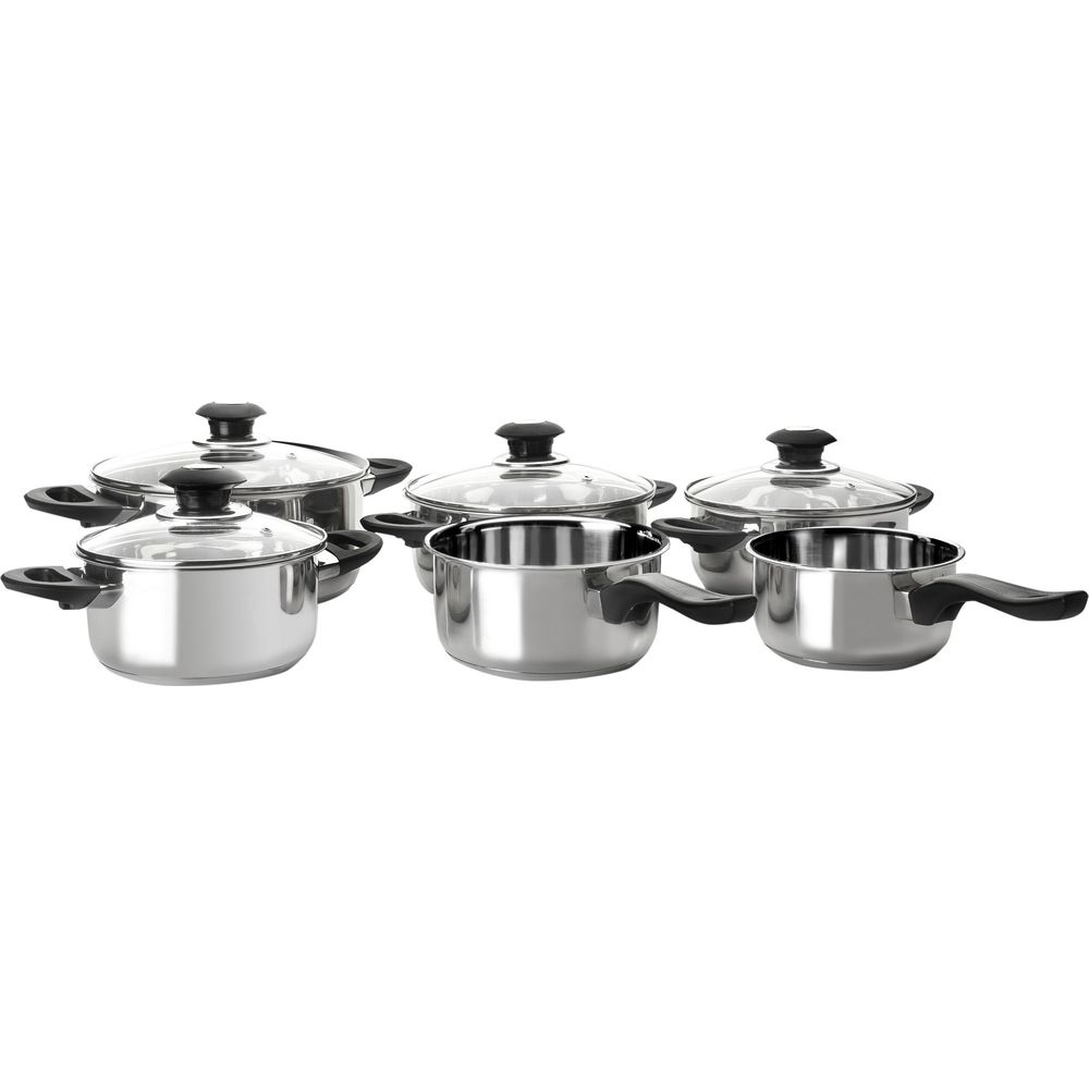 Set aus fünf glänzenden Edelstahltöpfen mit Glasdeckeln und schwarzen Griffen.