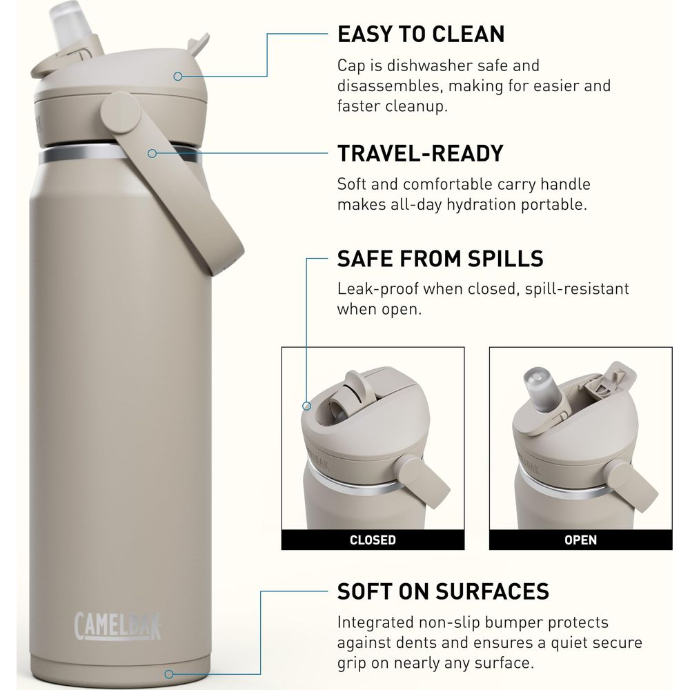 Eine beige Camelbak-Flasche mit Deckel, der geschlossen und geöffnet ist.