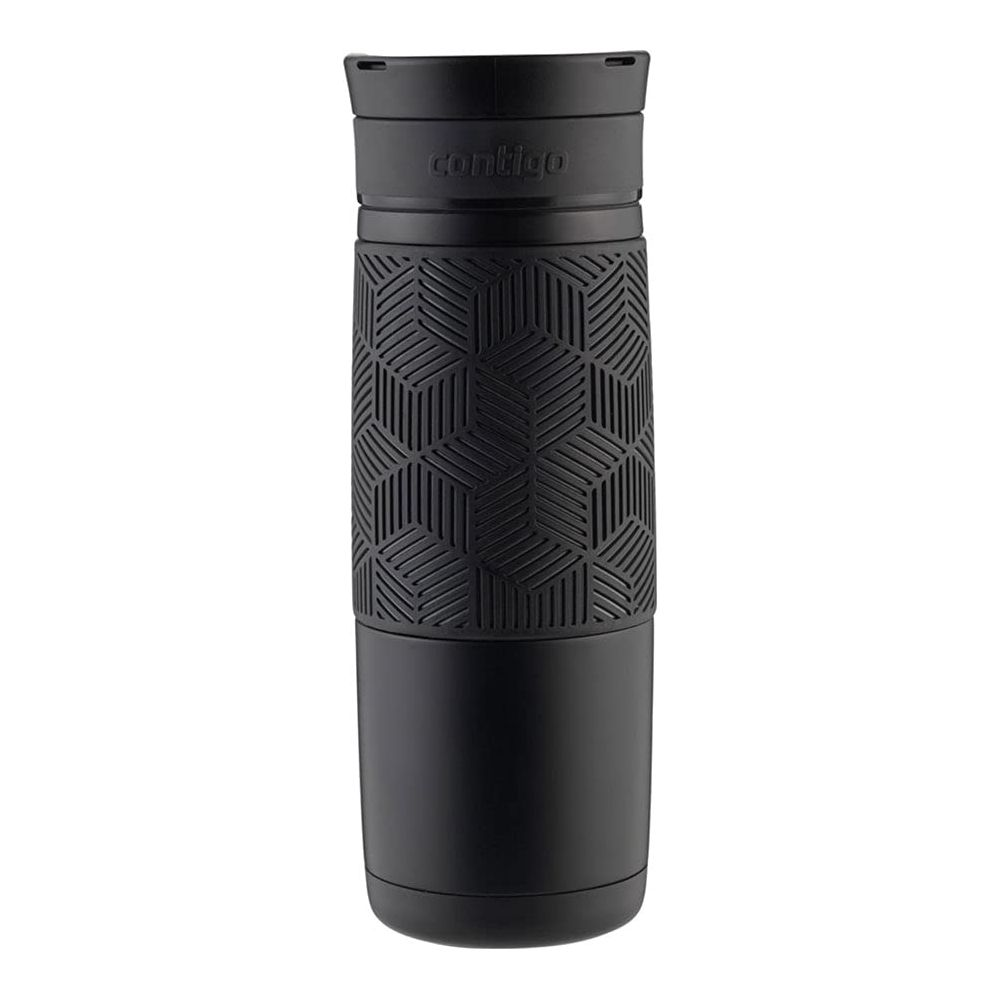 Schwarzer Contigo Becher mit geometrischem Griff und Deckel.