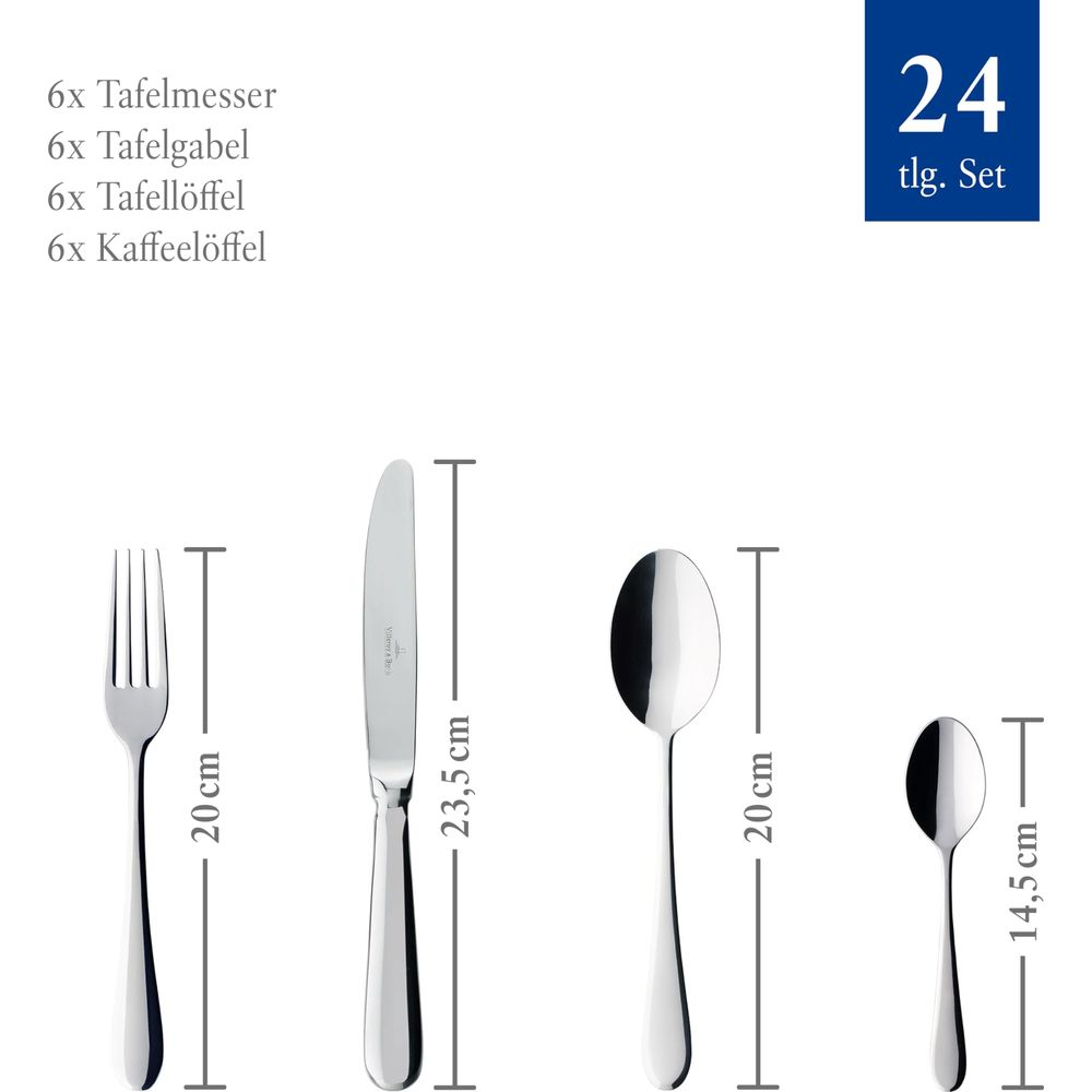 Ein 24-teiliges Set mit Besteck: Gabel (20cm), Messer (23.5cm), Löffel (20cm), Löffel (14.5cm).