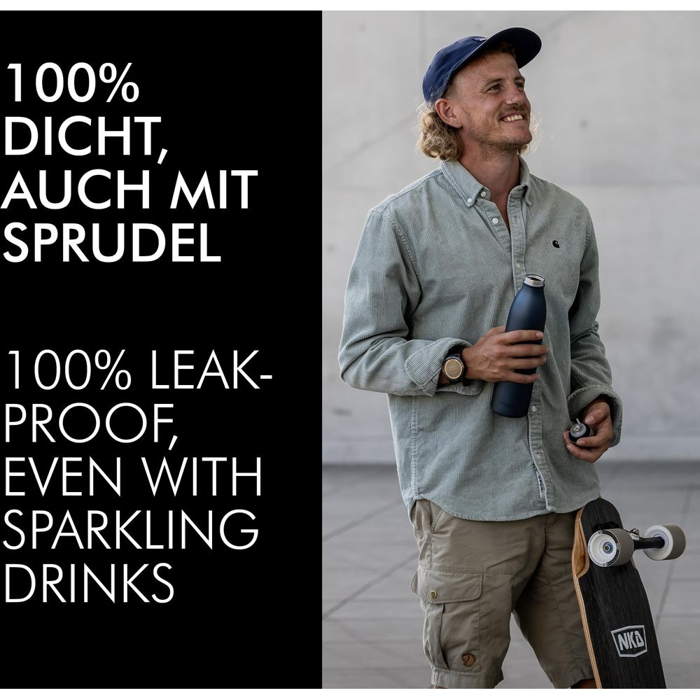 Mann mit Wasserflasche und Skateboard, trägt Kappe, Hemd und Cargohose.