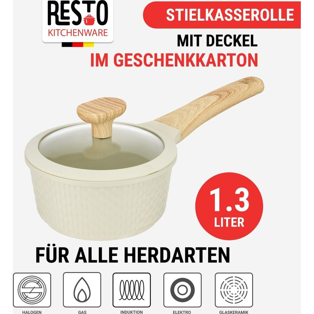 Casserole beige avec manche en bois et couvercle en verre, 1,3 litre, tous feux.