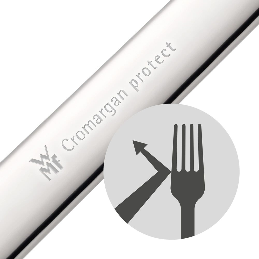WMF Cromargan protect Logo mit einem stilisierten Gabel-Symbol und einem Pfeil.