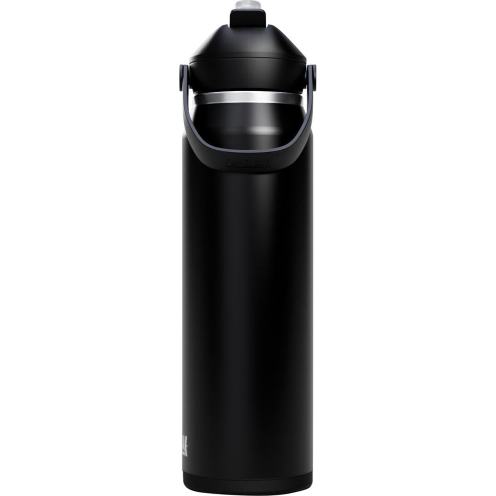Eine hohe, schwarze, isolierte Wasserflasche mit silbernem Band und schwarzem Tragegriff.