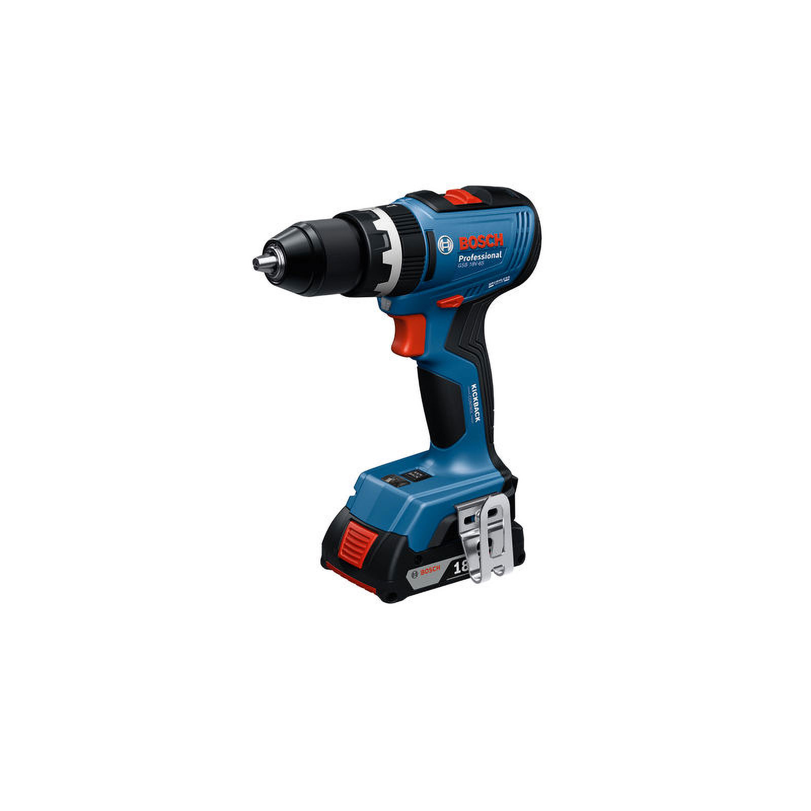 Un taladro atornillador a batería Bosch Professional azul con detalles rojos.