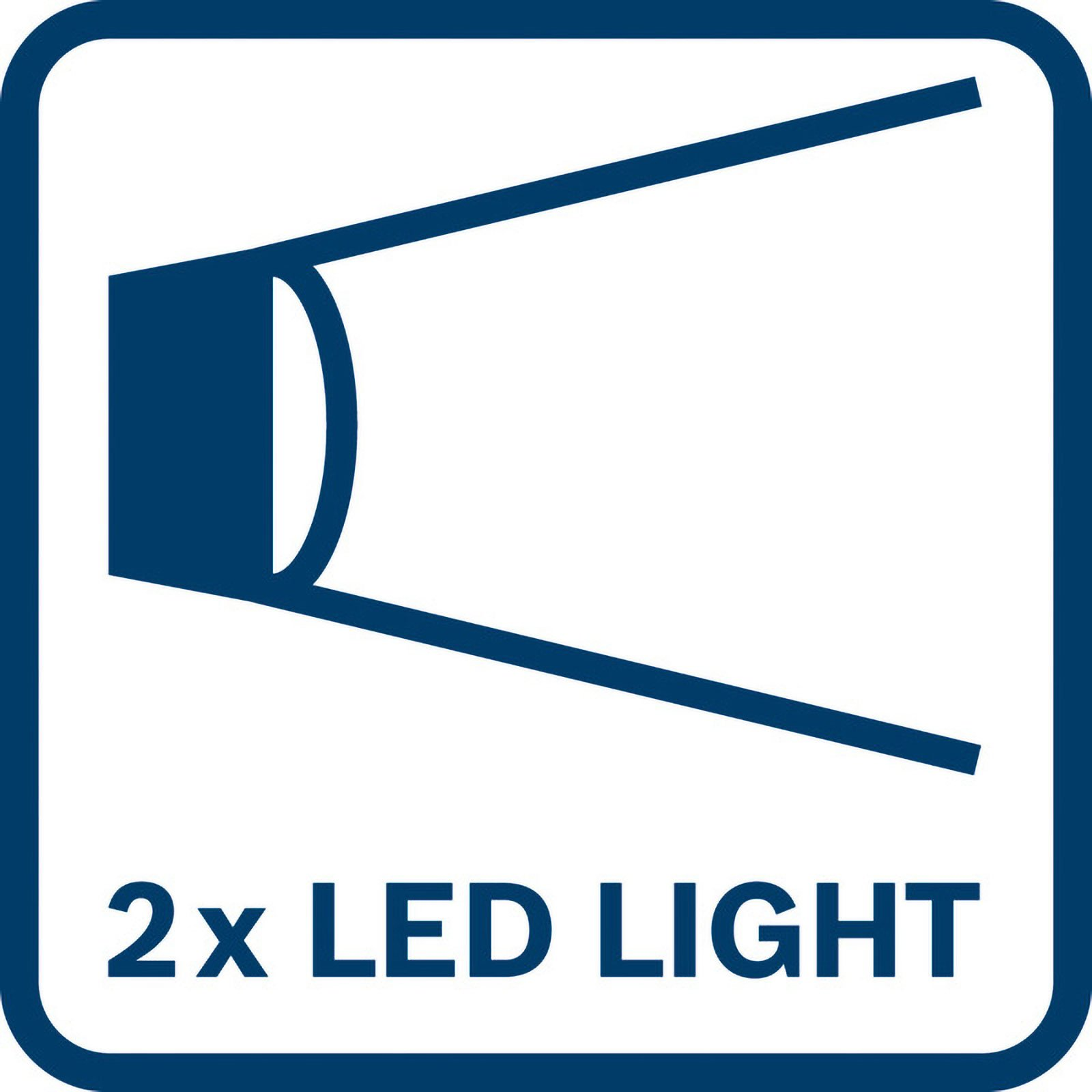Símbolo: 2x LED. Marco azul, gráfico de haz de luz abstracto.
