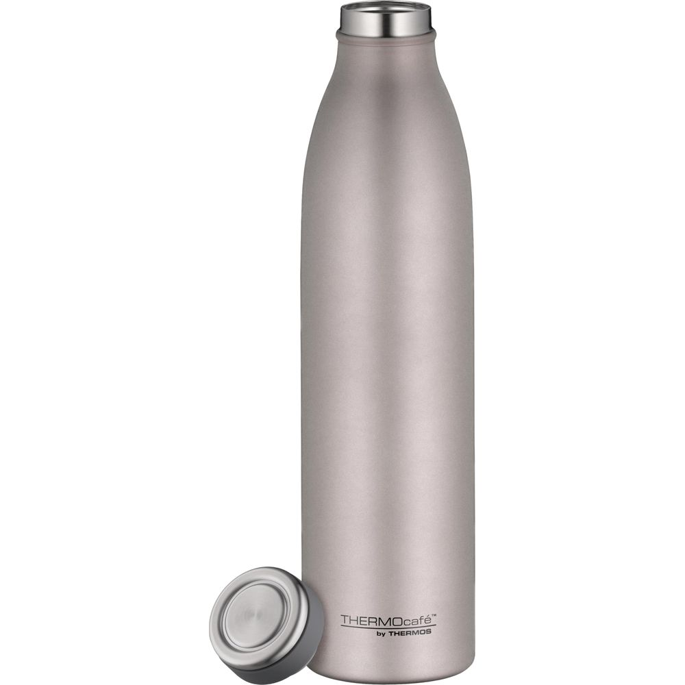 Eine metallische, roségoldeene Thermosflasche mit silbernem Deckel daneben.