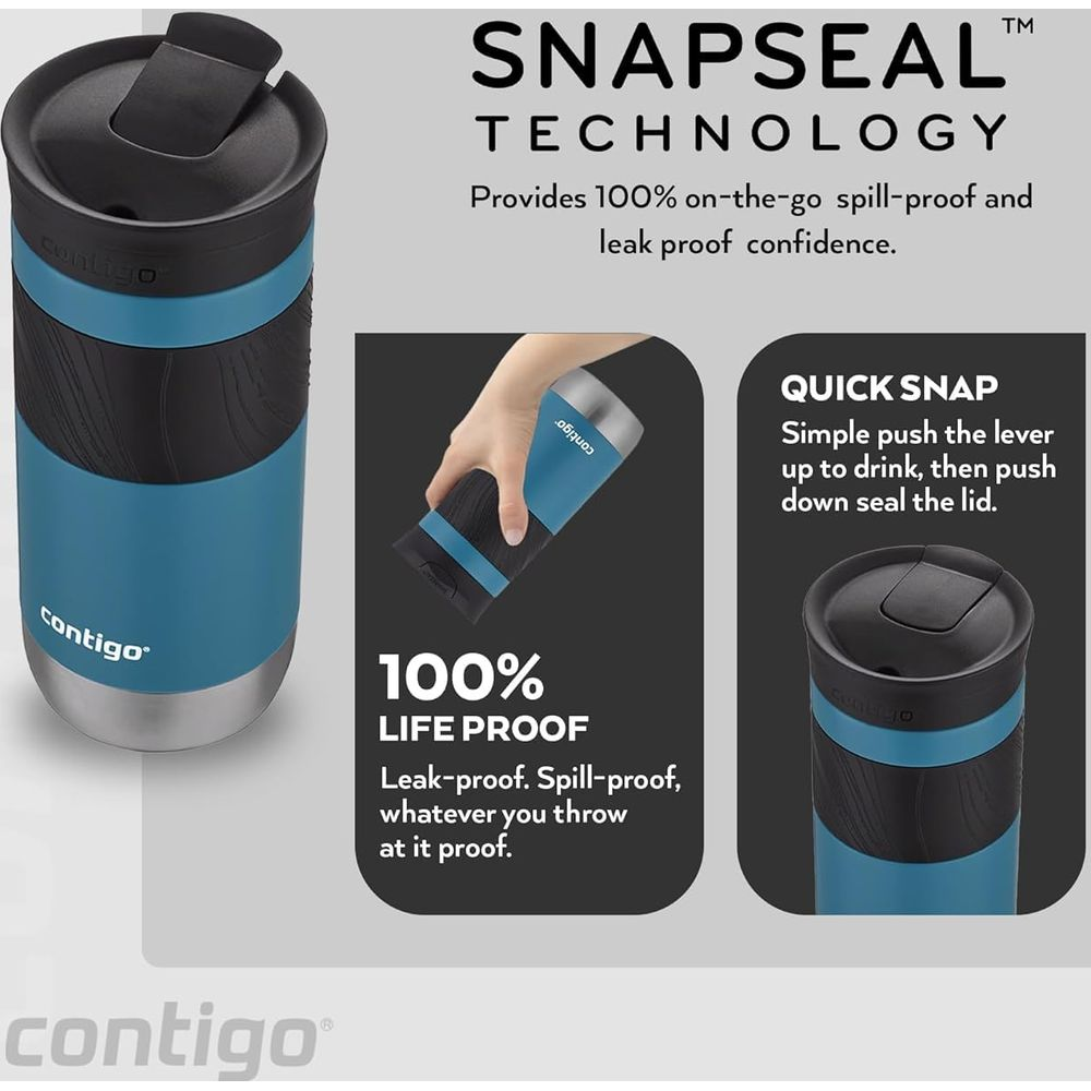 Tasse Contigo SnapSeal : bleue et argentée, étanche, avec levier rapide.