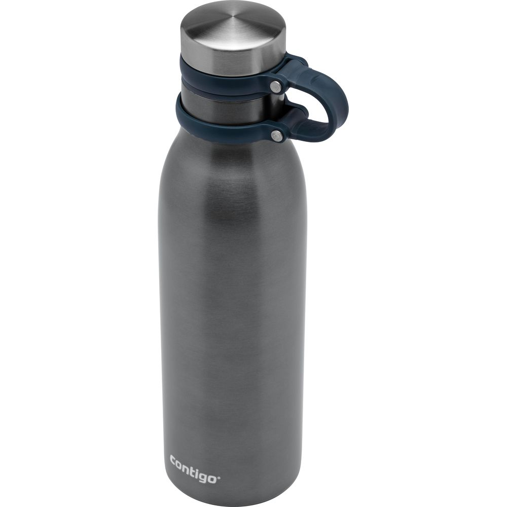 Graue Metallflasche mit blauem Griff und silbernem Deckel.