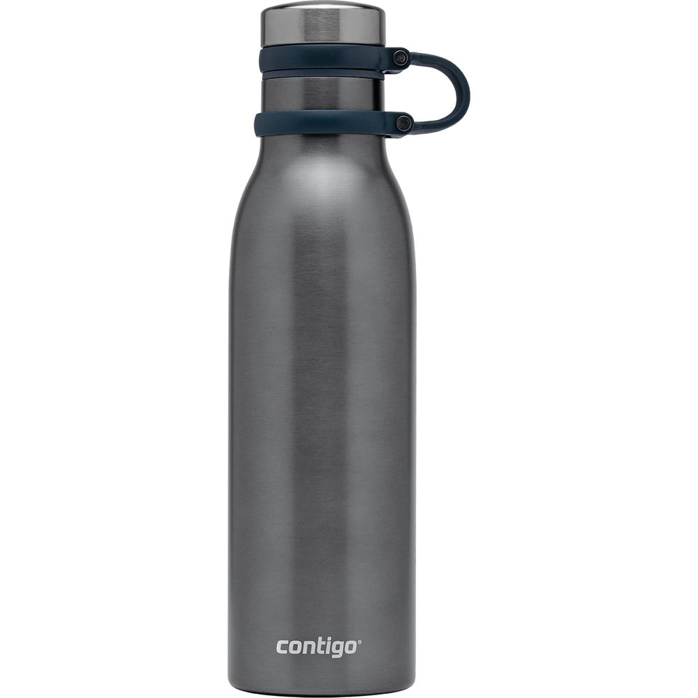 Graue Contigo-Flasche mit dunkelblauem Henkel und Deckel.