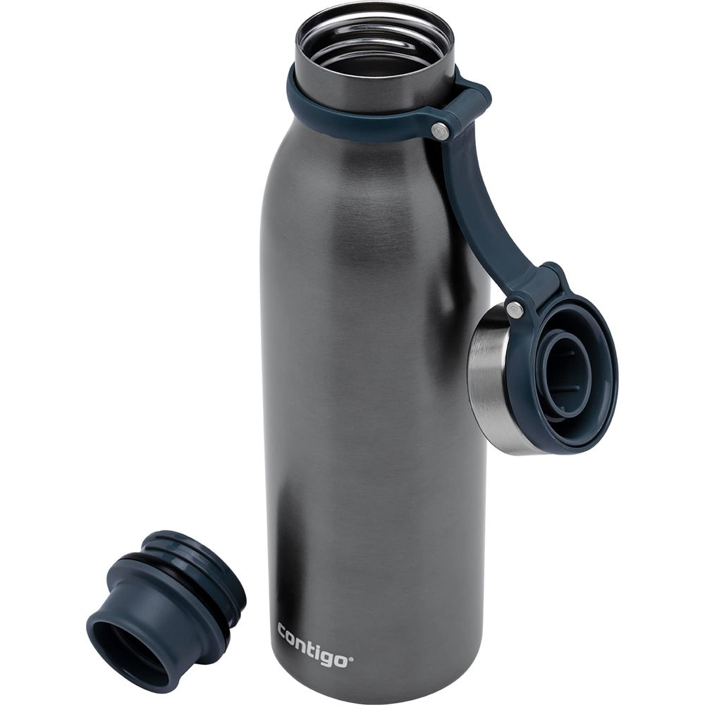 Graue Contigo-Flasche mit offenem Deckel und separatem Deckel.
