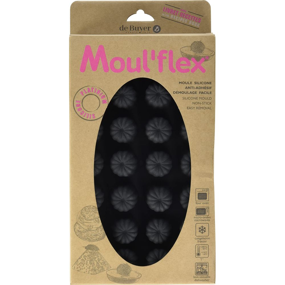Schwarze Silikonform mit Sternenmuster für 12 Petit Fours, mit Rezeptbuch