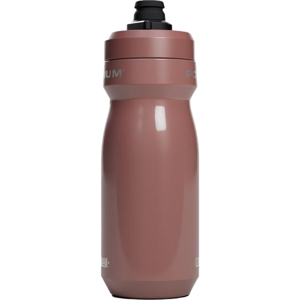 Eine staubige, rosafarbene Wasserflasche mit schwarzem Deckel.